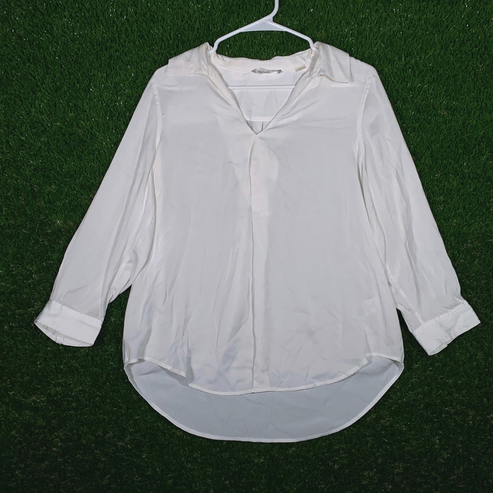 TART Womens White V Neck Collared Long Sleeve Shirt‎ Blouse Sz M Minimalist Chic